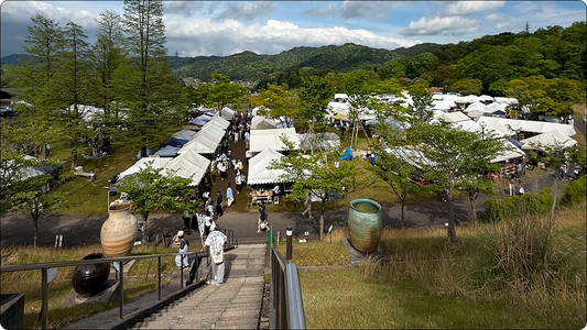 石段の上から見下ろす信楽陶器市、斜面に白いテントと大きな陶壺が並ぶ