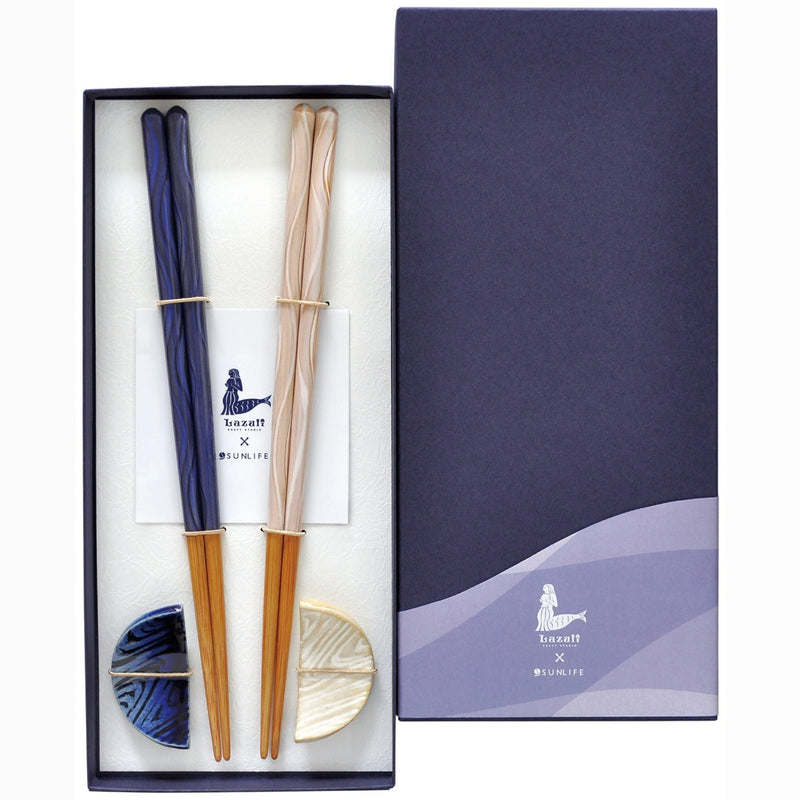 Lazuli × SUNLIFE Wave Chopsticks and Rests, Pair Gift Set — Seto. Handmade Seto ware from Japan.