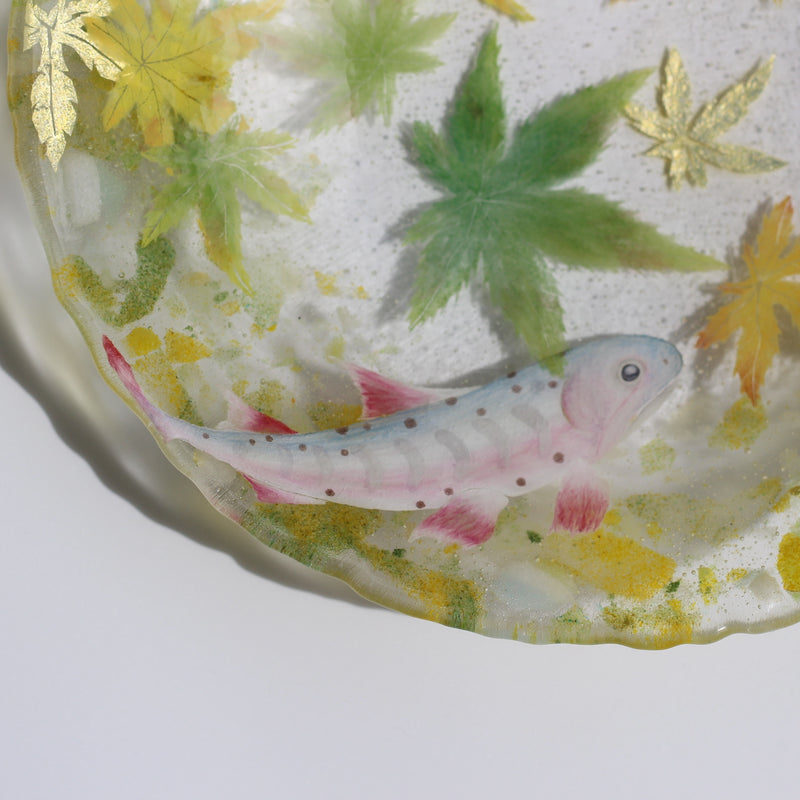 岩魚青紅葉硝子大皿　Iwana Among Green Maples