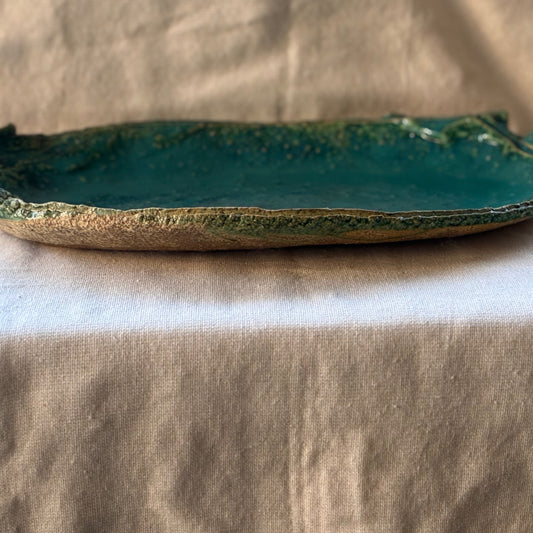 Blue Landscape Oval Plate. Handmade Miyazaki ware from Japan.