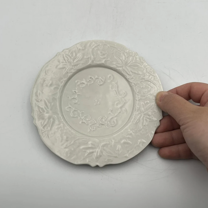 Celadon (pale blue-white porcelain) Small Plate with Karakusa (Arabesque) and Lobed Petal Design