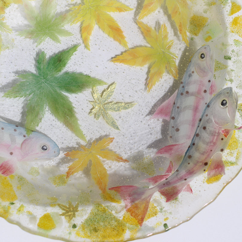 岩魚青紅葉硝子大皿　Iwana Among Green Maples