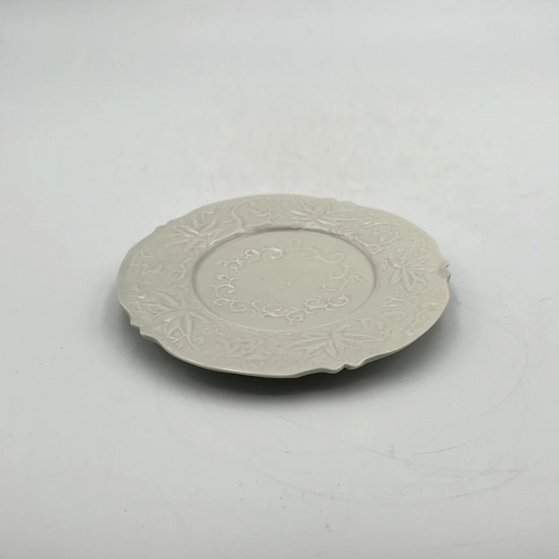 Celadon (pale blue-white porcelain) Small Plate with Karakusa (Arabesque) and Lobed Petal Design