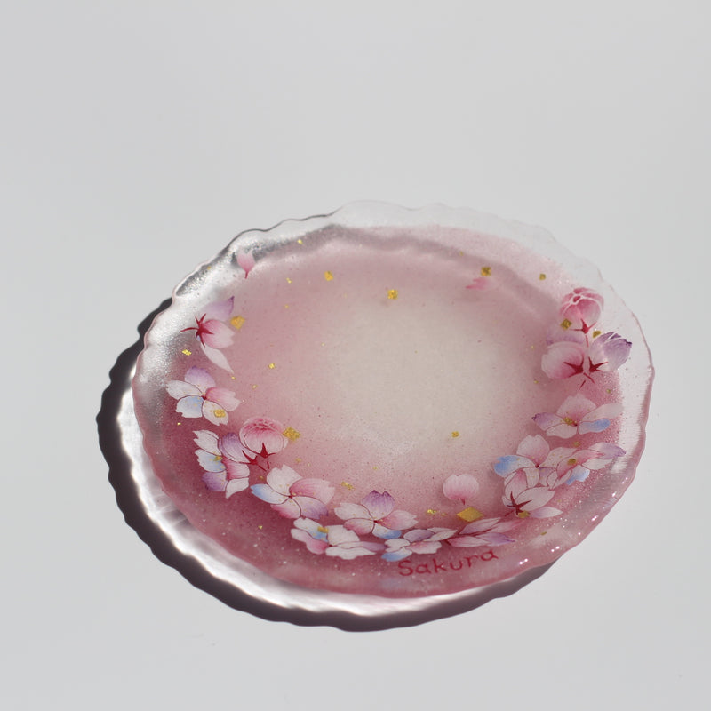 Golden Sakura Blossom Flurry Glass Round Plate