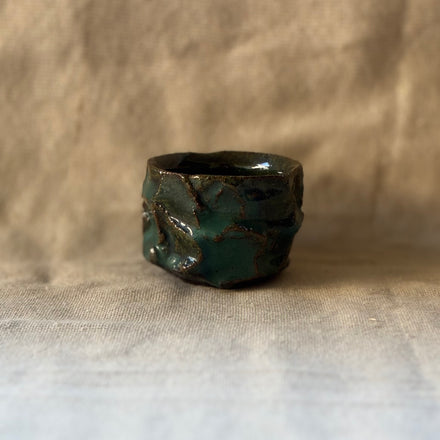 Faceted Blue & Green Guinomi Sake Cup. Handmade Miyazaki ware from Japan.