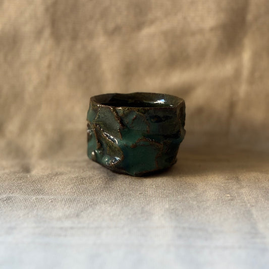 Faceted Blue & Green Guinomi Sake Cup. Handmade Miyazaki ware from Japan.