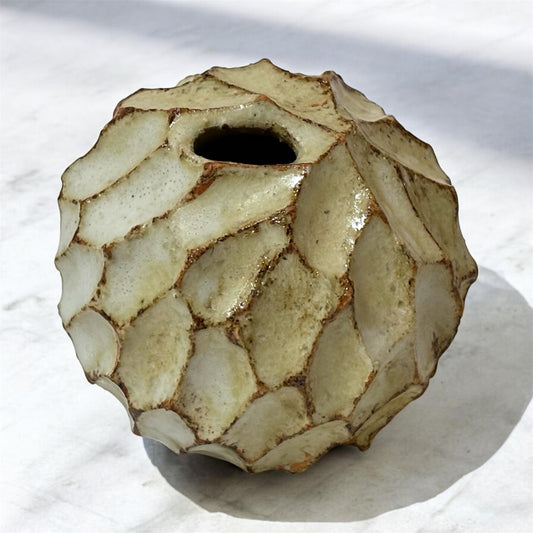 Carved Single-Stem Vase, Large White and Scarlet. Handmade Seto ware from Japan.