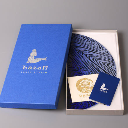 Yoake Blue Wave Half-Moon Plate, Gift Boxed — Seto. Handmade Seto ware from Japan.
