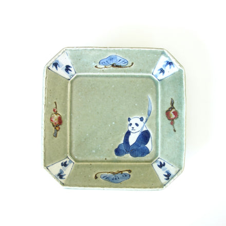 Panda Cut-Corner Plate. Handmade Tokyo ware from Japan.