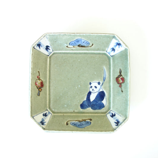 Panda Cut-Corner Plate. Handmade Tokyo ware from Japan.