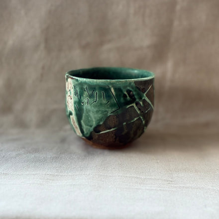 Green Landscape Tumbler No.1. Handmade Miyazaki ware from Japan.