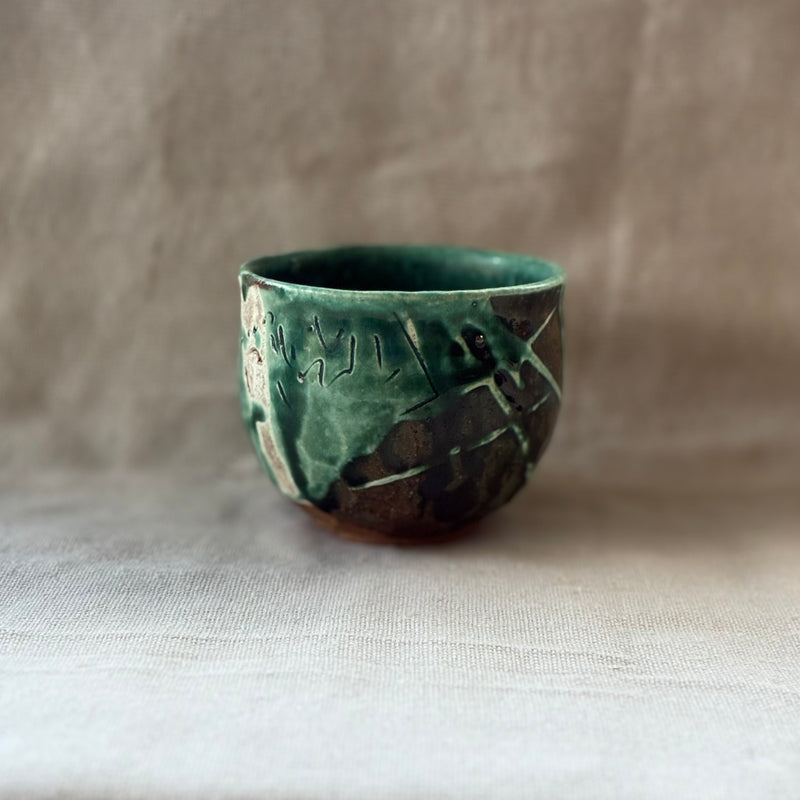 Green Landscape Tumbler No.1. Handmade Miyazaki ware from Japan.