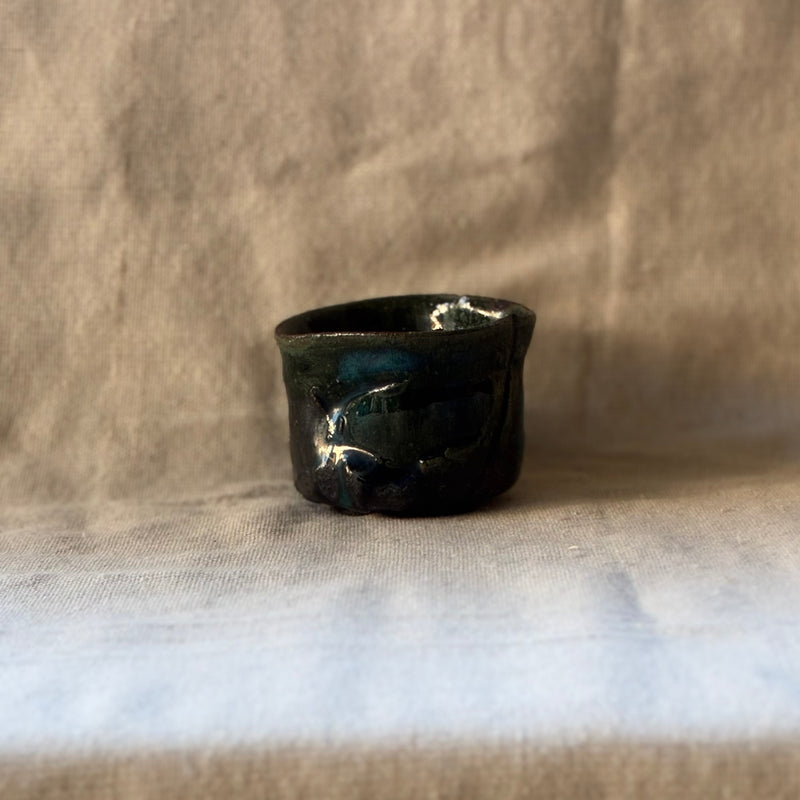 Green & Blue Landscape Guinomi Sake Cup. Handmade Miyazaki ware from Japan.
