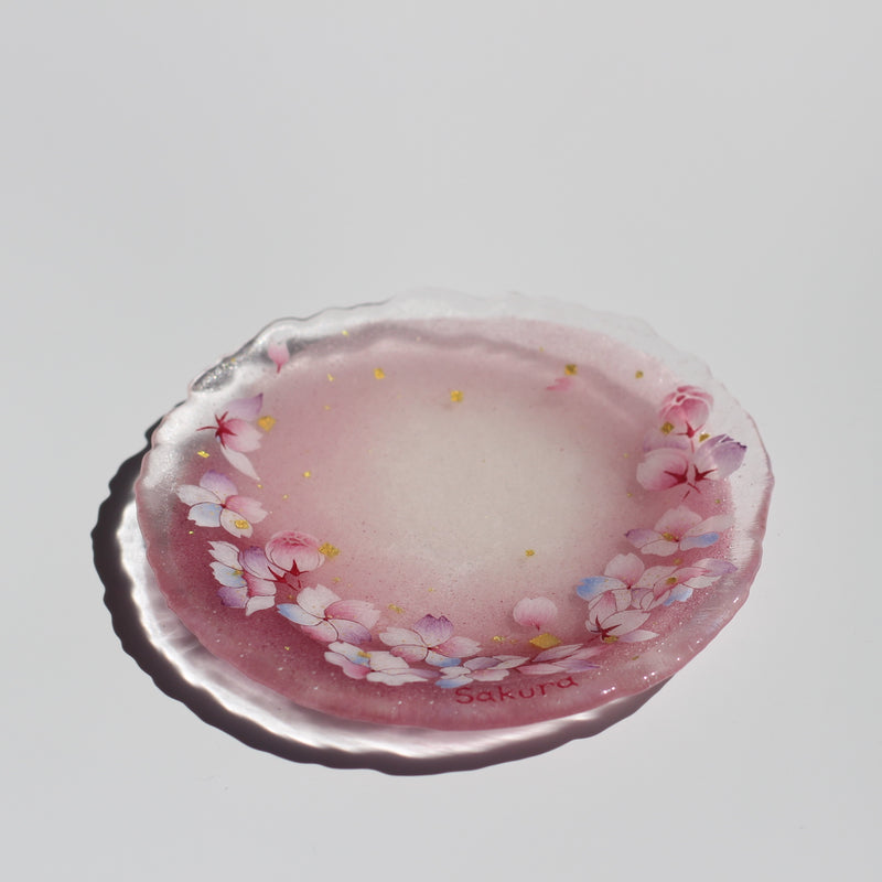 Golden Sakura Blossom Flurry Glass Round Plate