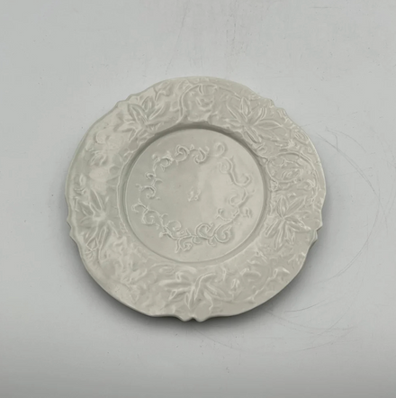 Celadon (pale blue-white porcelain) Small Plate with Karakusa (Arabesque) and Lobed Petal Design