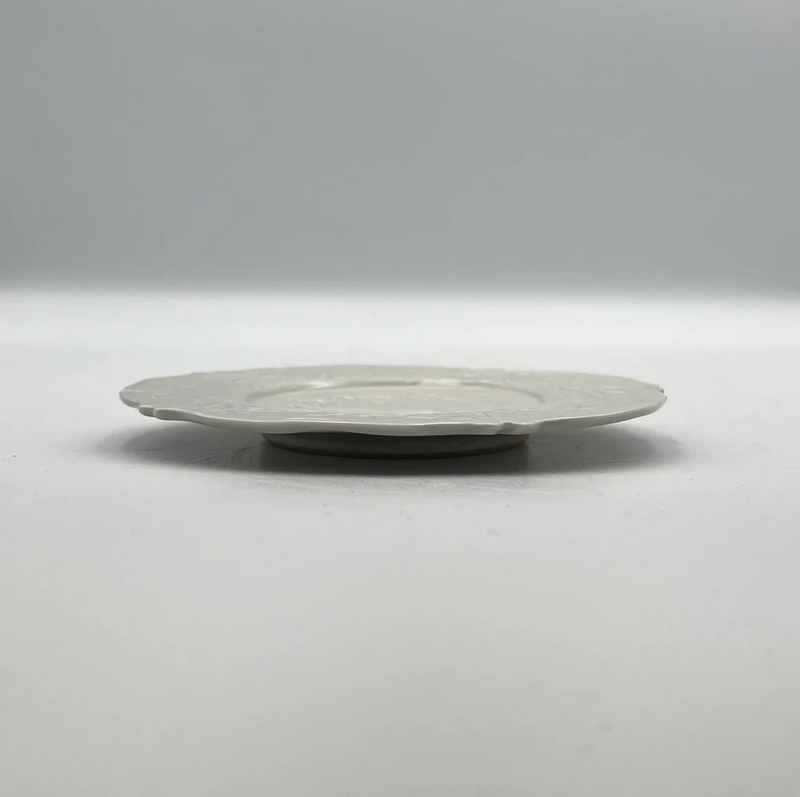 Celadon (pale blue-white porcelain) Small Plate with Karakusa (Arabesque) and Lobed Petal Design