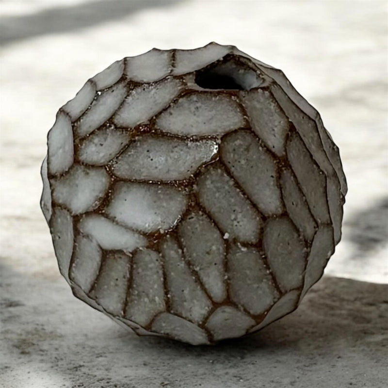 Carved Single-Stem Vase, Brown-Toned. Handmade Seto ware from Japan.