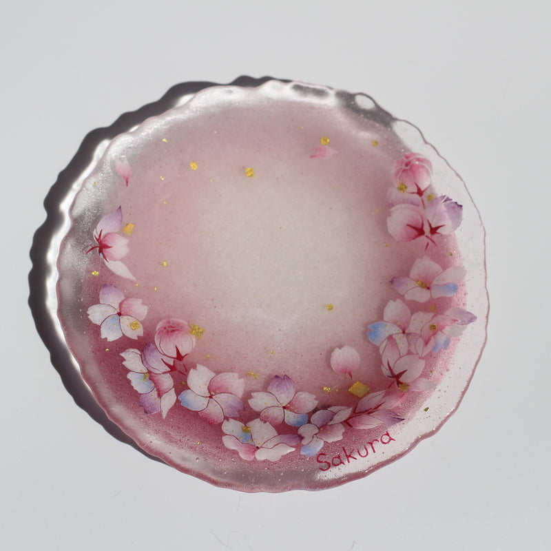 Golden Sakura Blossom Flurry Glass Round Plate
