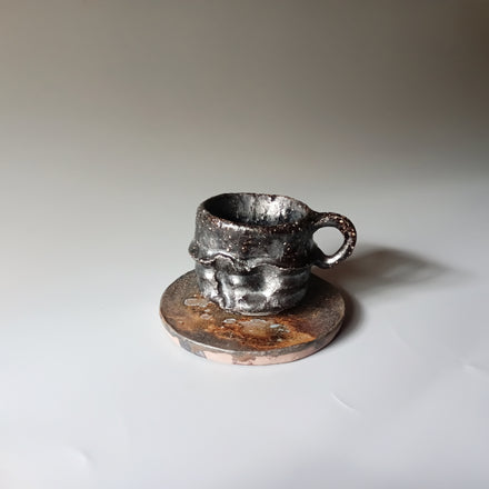 Hikidashi-guro Coffee Cup & Saucer — Bizen. Handmade Bizen ware from Japan.