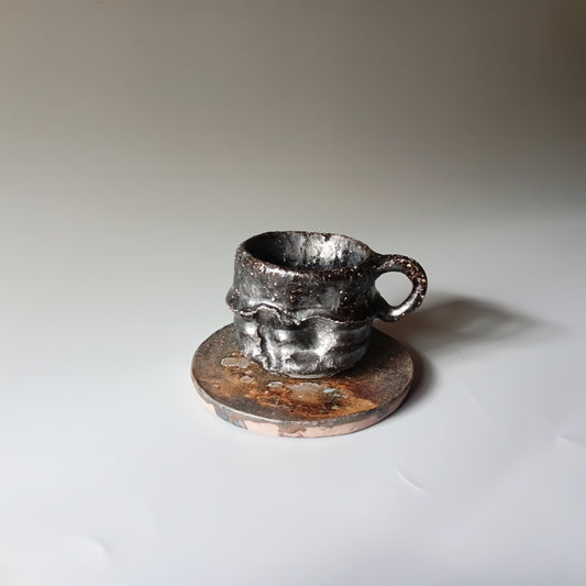 Hikidashi-guro Coffee Cup & Saucer — Bizen. Handmade Bizen ware from Japan.