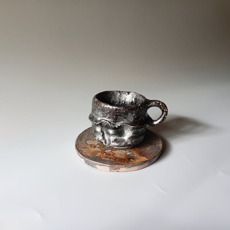 Hikidashi-guro Coffee Cup & Saucer — Bizen. Handmade Bizen ware from Japan.