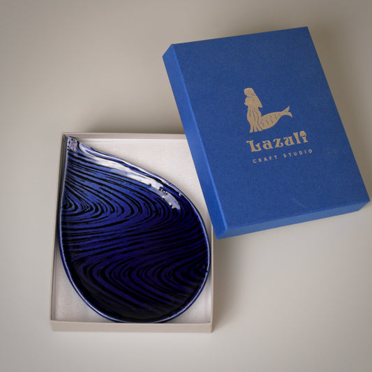 Yoake Blue Wave Droplet Plate, Gift Boxed — Seto. Handmade Seto ware from Japan.