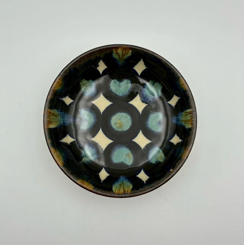 Blue-Green Dot Bowl, 6-sun — Okinawa. Handmade Okinawa ware from Japan.