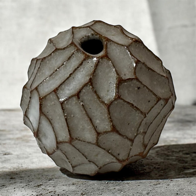 Carved Single-Stem Vase, Large Brown. Handmade Seto ware from Japan.